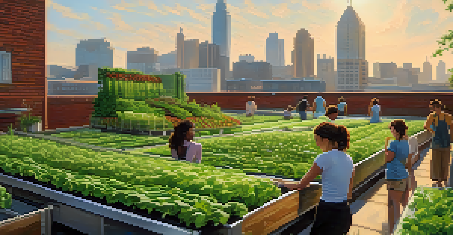 A rooftop farm in Atlanta filled with vibrant plants and crops, set against the backdrop of city buildings under soft sunlight.