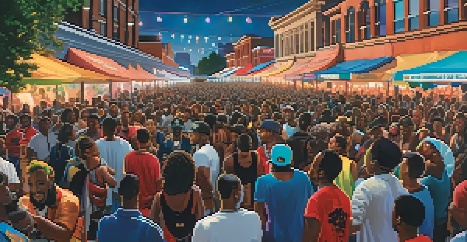 A dynamic scene at the A3C Festival in Atlanta with hip-hop artists performing on stage and an excited crowd enjoying the lively atmosphere.