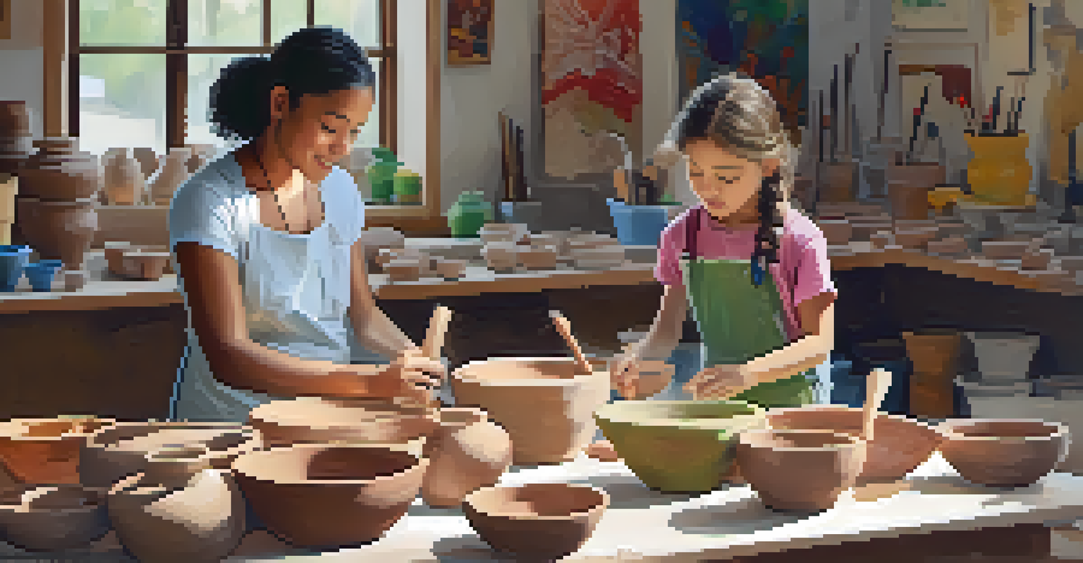 A parent and child working on a pottery project together in a workshop area filled with art supplies.