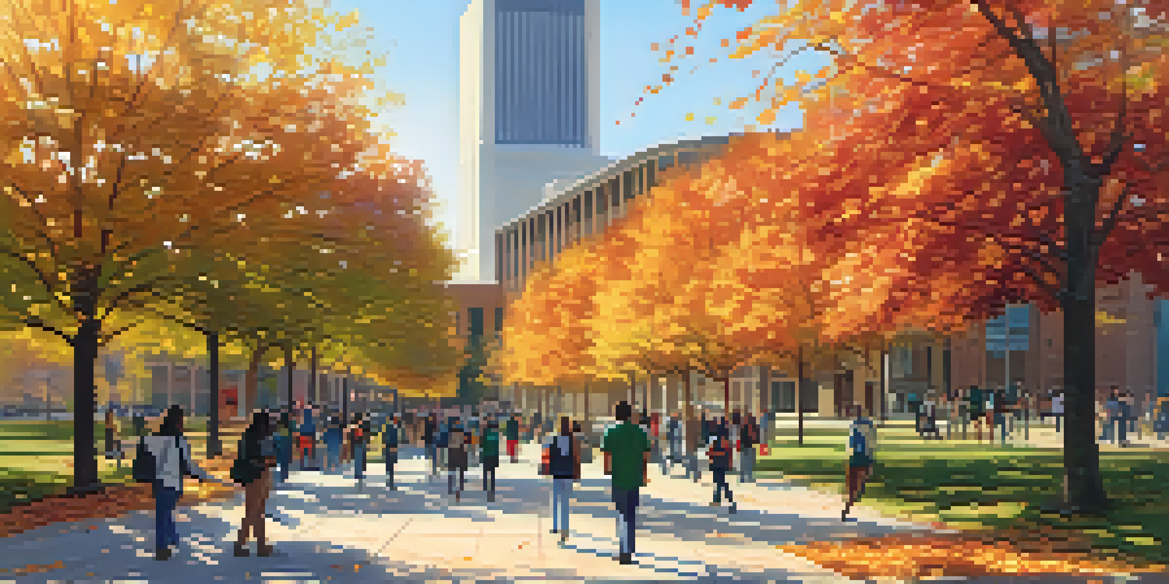 A lively college campus in Atlanta with students walking among colorful autumn trees and modern buildings, illuminated by soft sunlight.
