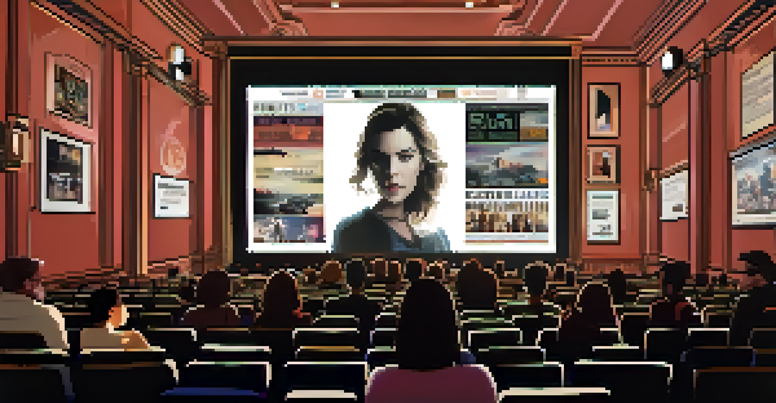 A virtual screening at an Atlanta film festival with a large screen showing a film, audience members engaged in discussion and interaction both in-person and online.