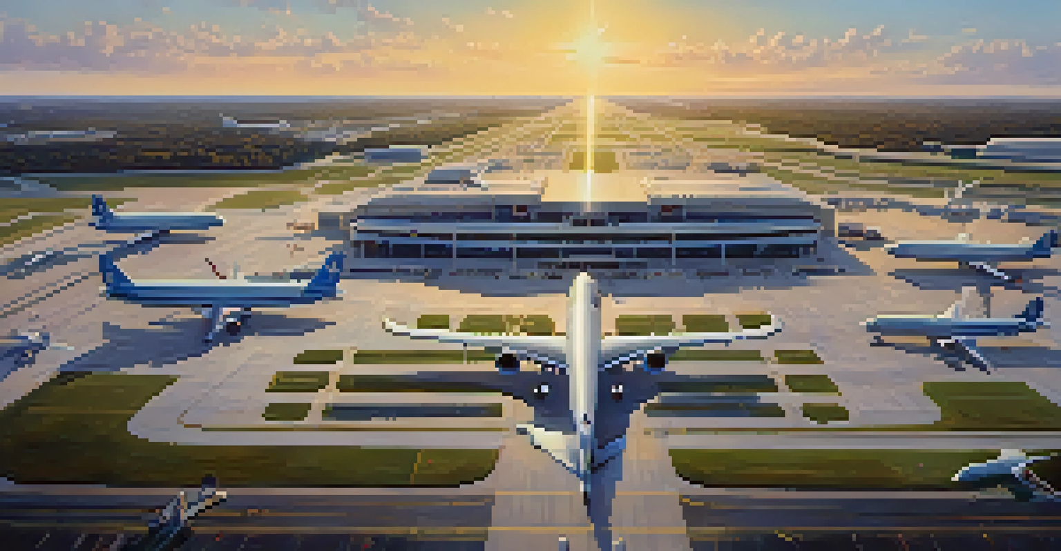 Aerial view of Hartsfield-Jackson Atlanta International Airport, with planes and city buildings illuminated by sunset.