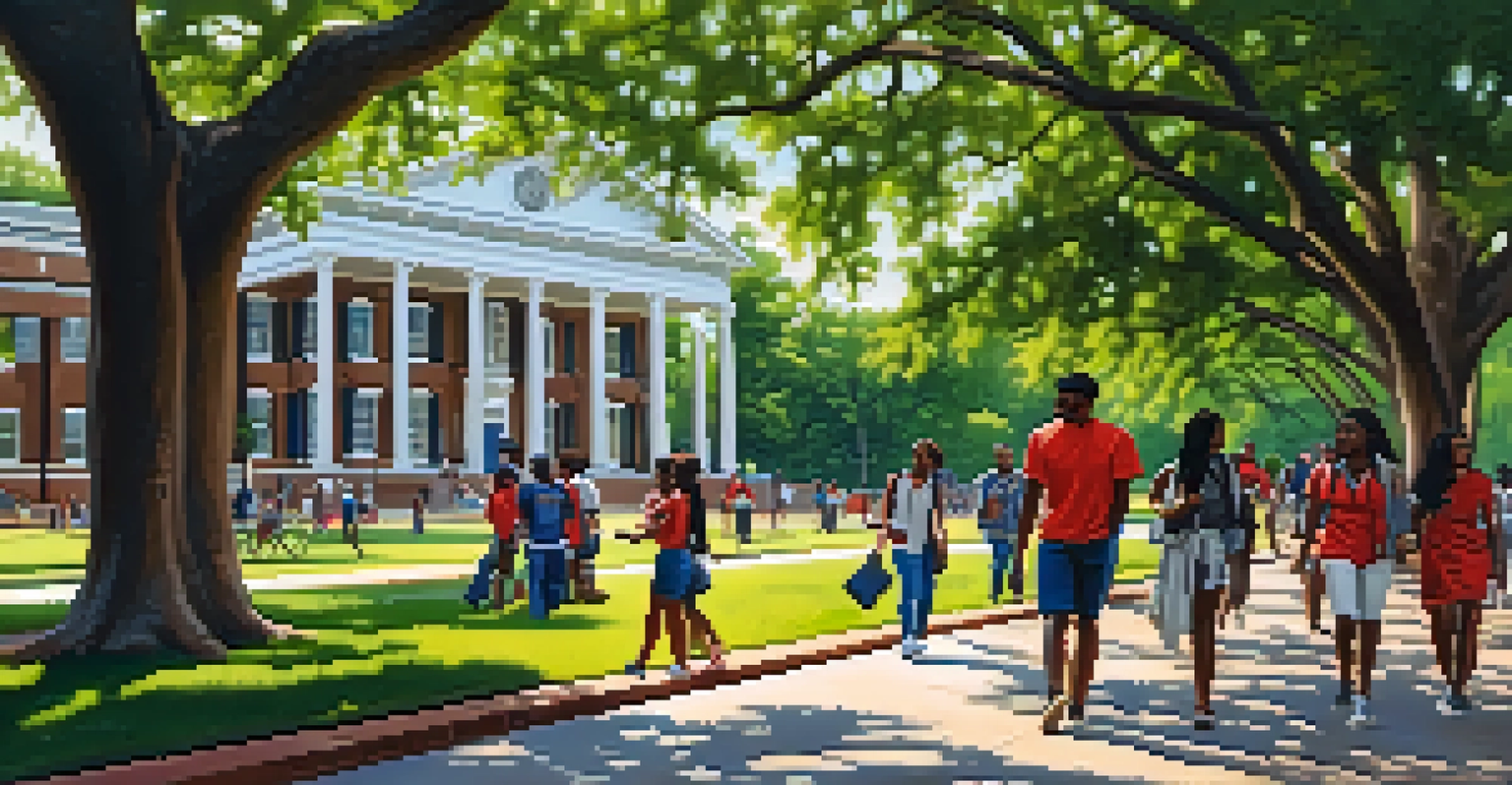 Students engaging in discussions at the Atlanta University Center, with historic college buildings in the background and large oak trees providing shade.