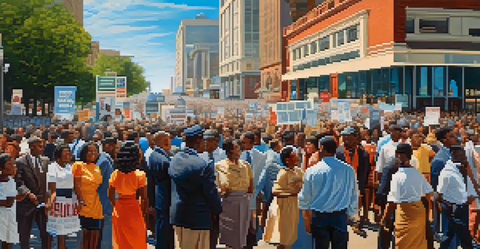 A lively civil rights rally in 1960s Atlanta, with people of various backgrounds holding signs for justice, set against historic buildings and a blue sky.