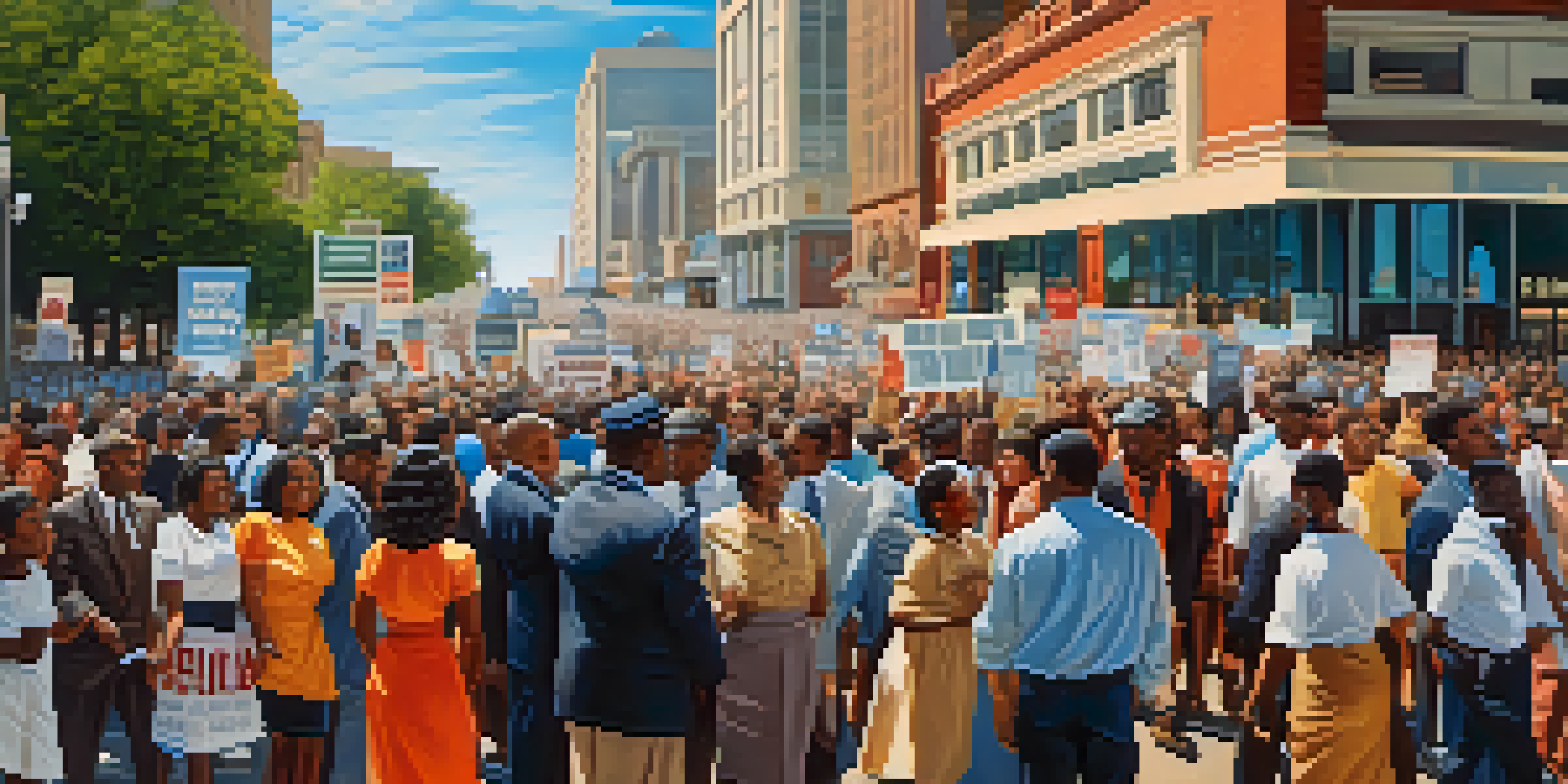 A lively civil rights rally in 1960s Atlanta, with people of various backgrounds holding signs for justice, set against historic buildings and a blue sky.