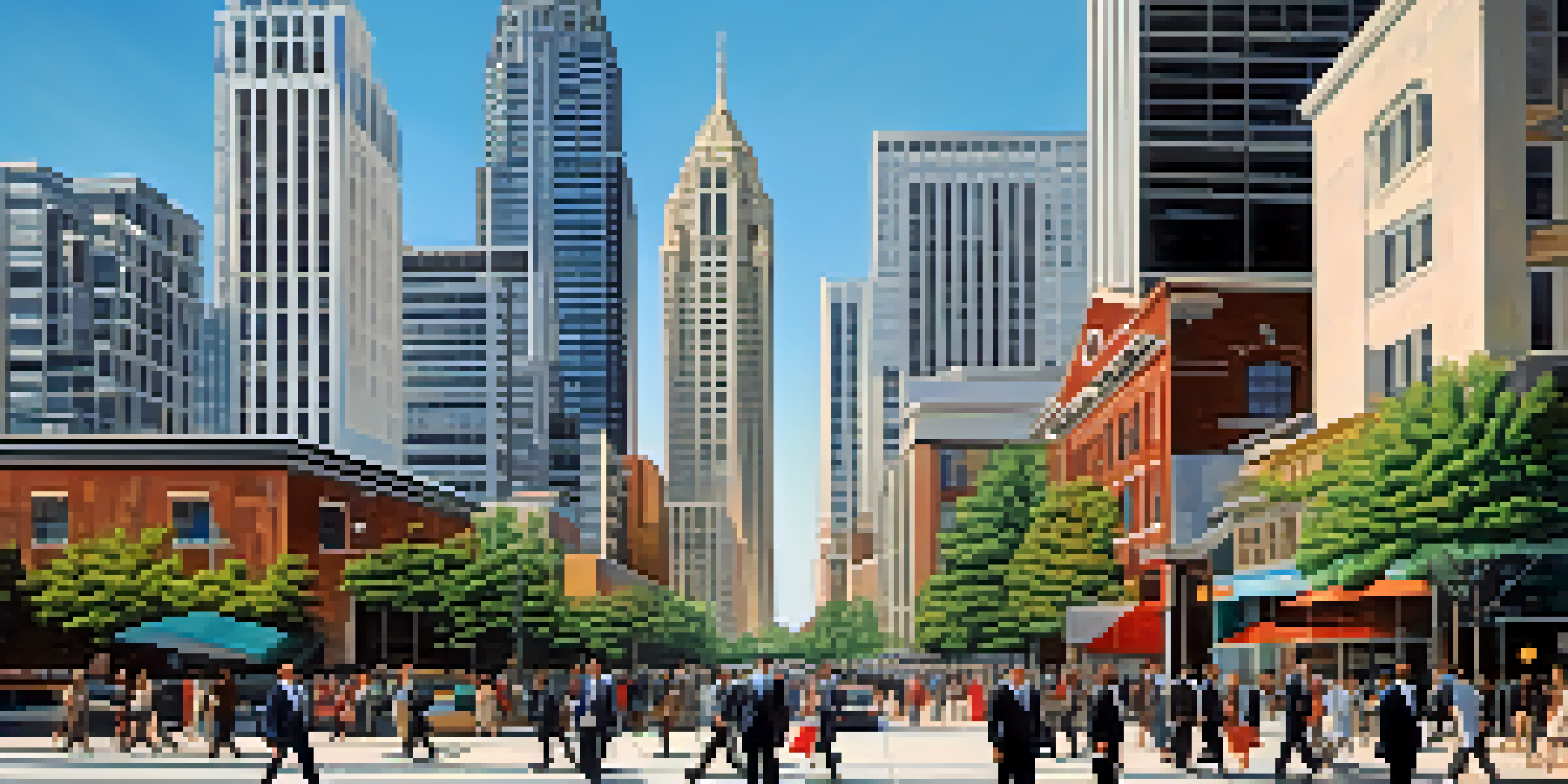 A busy downtown Atlanta with modern skyscrapers and professionals walking in business attire.