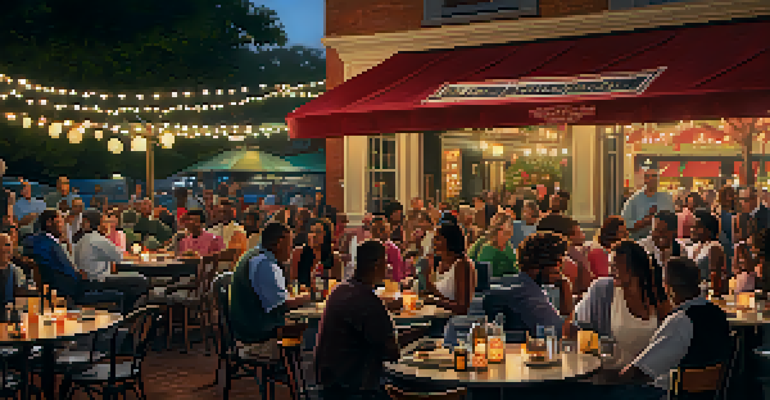 Fans enjoying a post-game celebration at an outdoor restaurant in Atlanta, with food, drinks, and live music creating a festive atmosphere.