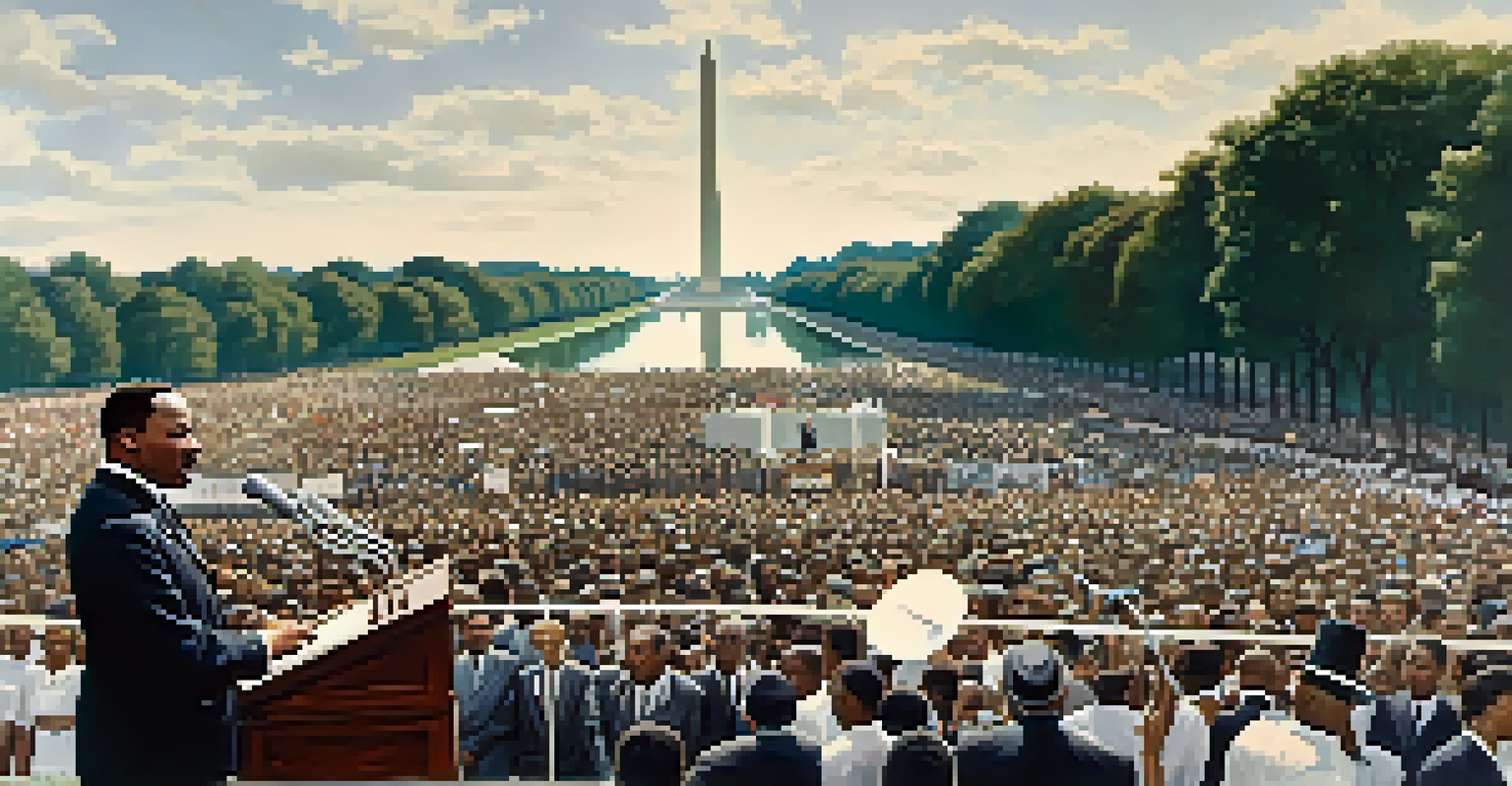 Martin Luther King Jr. delivering a speech at the March on Washington with a large crowd in front of the Lincoln Memorial.