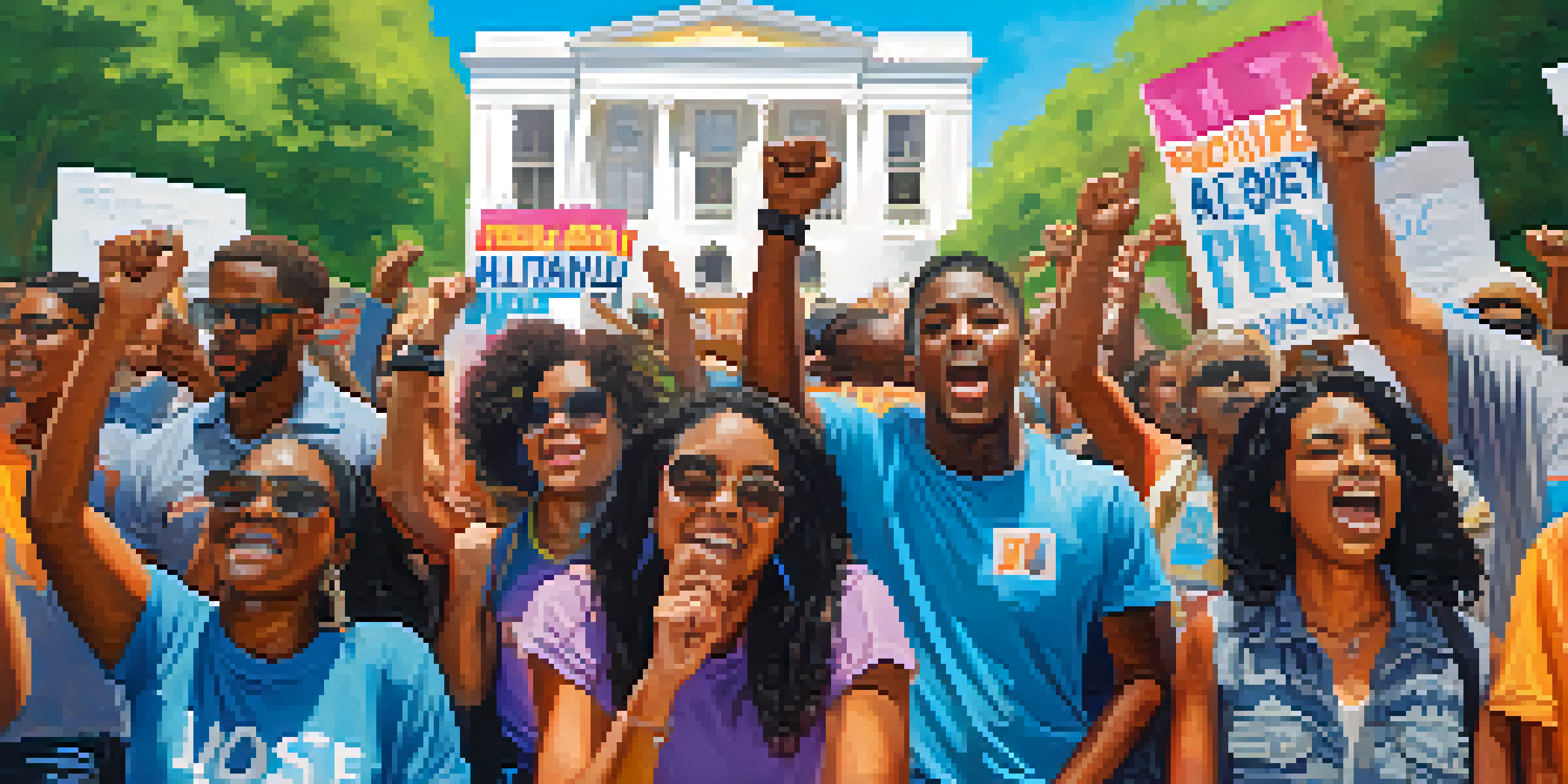 A diverse group of young activists holding colorful protest signs at a rally in Atlanta, expressing determination and hope.