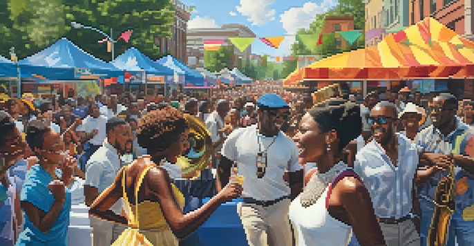 A lively street festival in Atlanta showcasing African American musicians, with a diverse crowd enjoying the performance under bright banners and warm sunlight.
