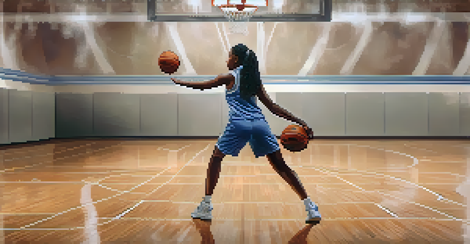 A young female basketball player is shooting a basketball in mid-air on a well-lit court, with motivational quotes visible on the walls.