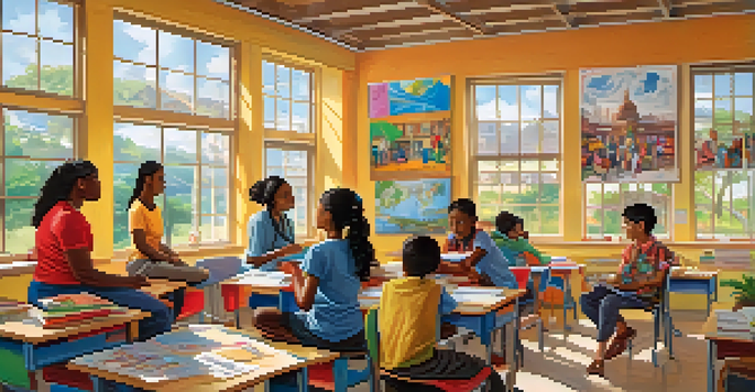 A diverse group of students working together in a bright classroom filled with educational materials and cultural posters.