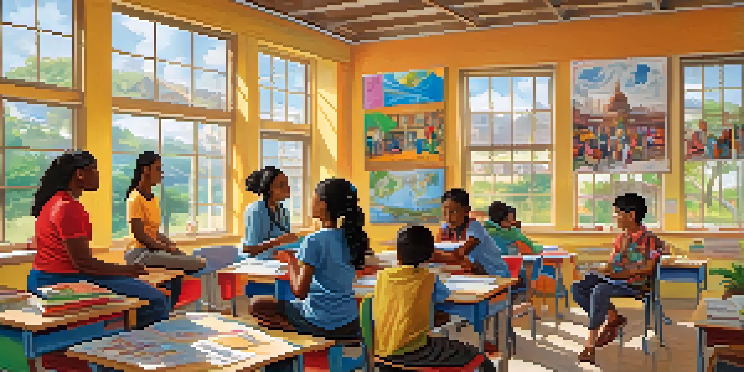 A diverse group of students working together in a bright classroom filled with educational materials and cultural posters.