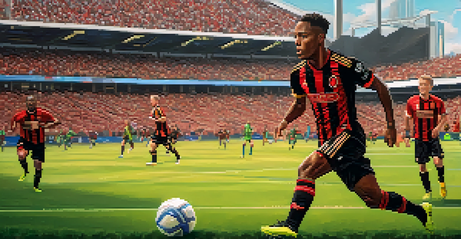 A soccer player sprinting with the ball on a vibrant green field, wearing an Atlanta United jersey with a blurred crowd in the background.
