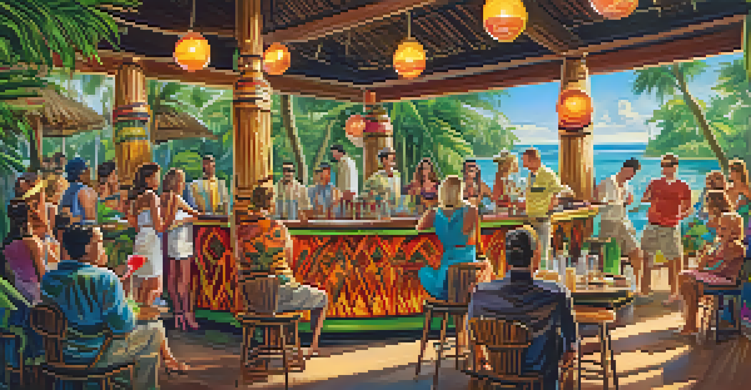 A lively tropical bar with colorful drinks, greenery, and people enjoying the atmosphere.