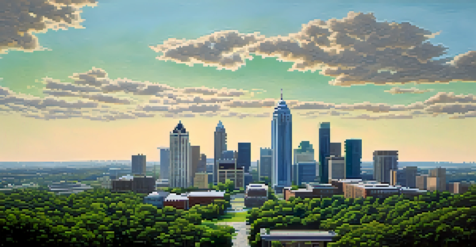 Aerial view of Atlanta's skyline highlighting the contrast between modern skyscrapers and struggling communities.