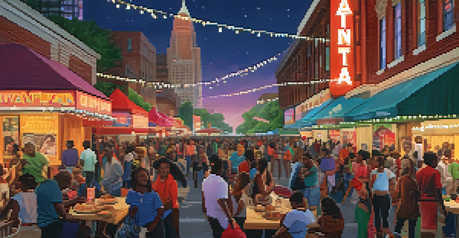 A lively street scene at a film festival in Atlanta, filled with diverse crowds and colorful decorations.