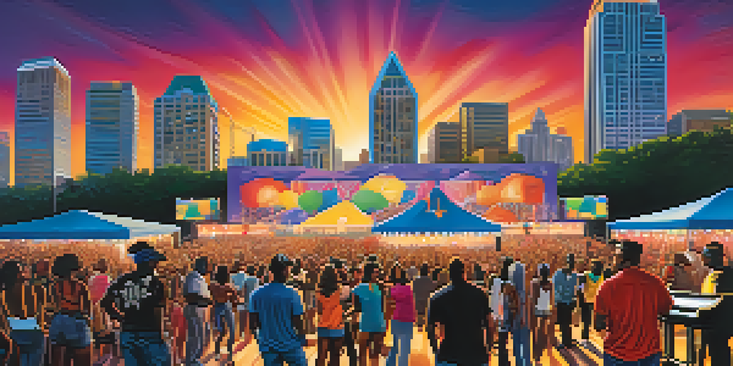 A lively music festival in Atlanta with musicians performing on stage and a diverse crowd enjoying the show against a sunset skyline.