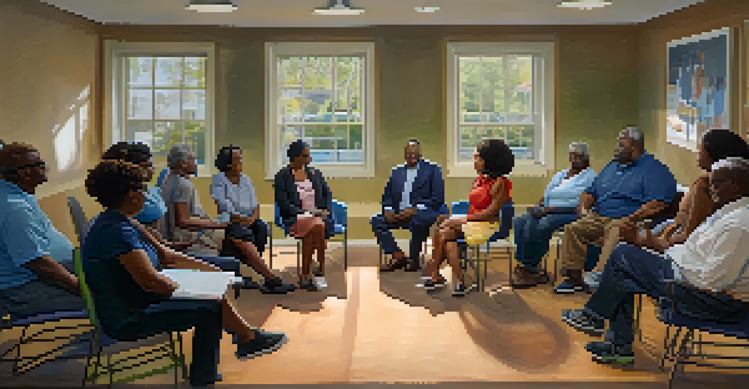 Residents of an Atlanta neighborhood sitting in a circle during a community meeting, discussing local issues with a flip chart in the background.