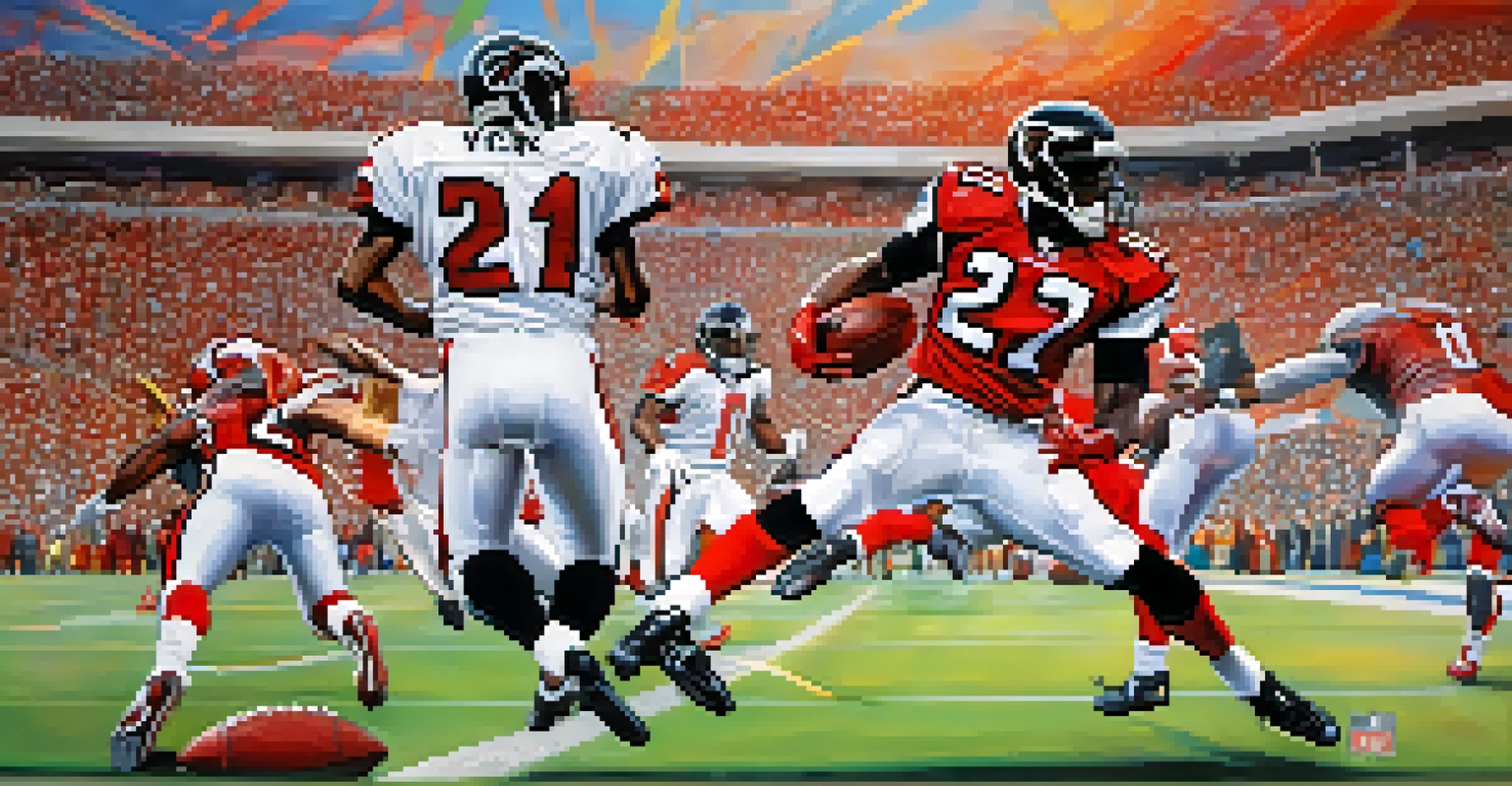 A collage of iconic Atlanta Falcons players in action, capturing moments from their careers.