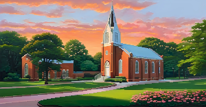 A sunset view of the Martin Luther King Jr. National Historical Park, highlighting the Ebenezer Baptist Church amidst green trees and colorful flowers.