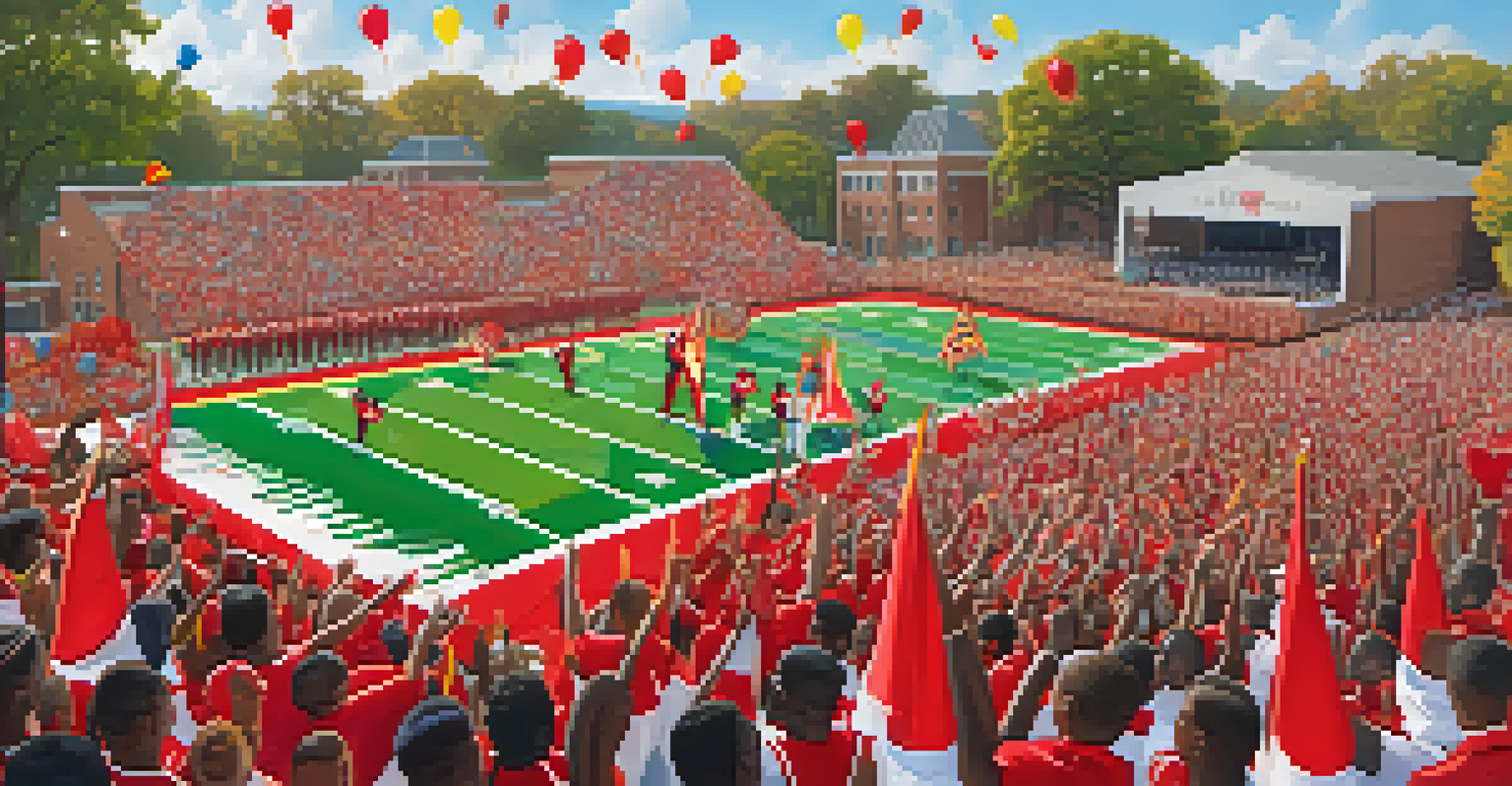 A lively homecoming celebration with a marching band performing on a football field surrounded by cheering students and alumni.