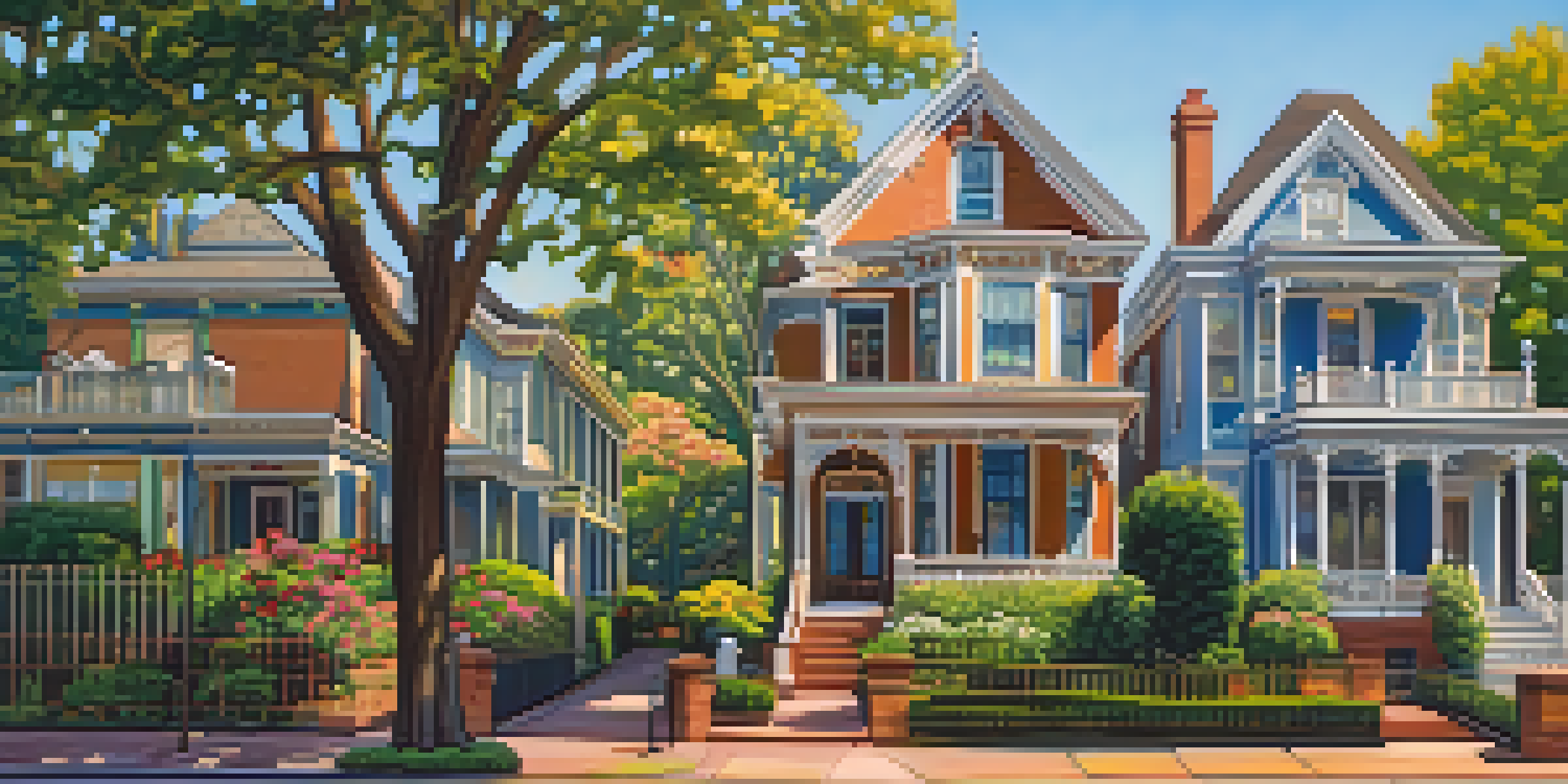 A scenic view of a historic neighborhood in Atlanta with Victorian-style houses, gardens, and trees in golden hour light.