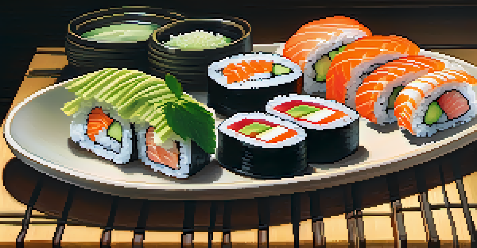 A plate of sushi arranged on a wooden table, featuring colorful rolls garnished with herbs, soy sauce, and wasabi under soft natural lighting.