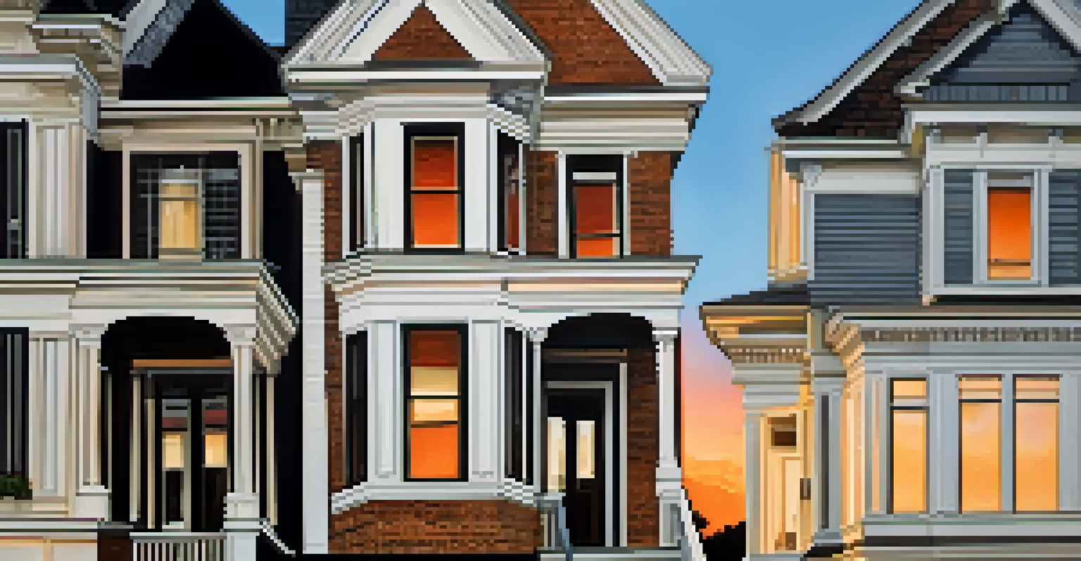 A collage showcasing Atlanta's diverse architectural styles, from Victorian mansions to modern buildings at sunset.