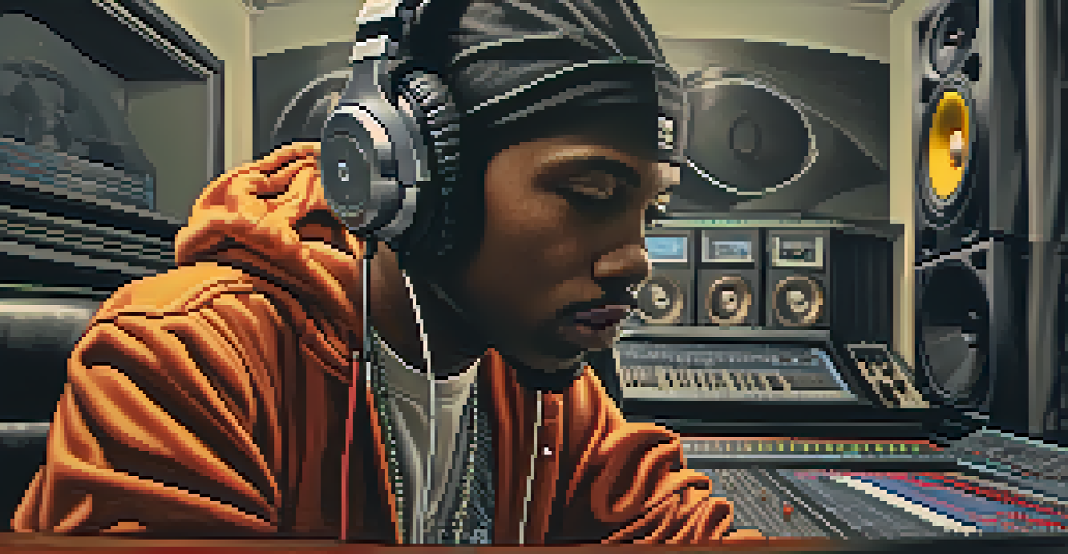 A close-up of a young hip-hop artist in a recording studio, wearing headphones and focused on a microphone, with sound waves on a screen behind.