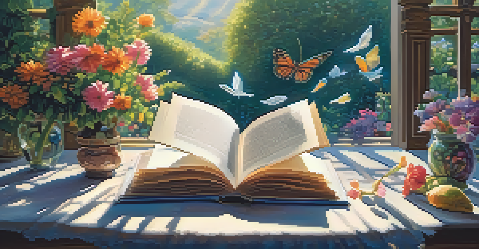 An open book in a blooming garden with sunlight filtering through leaves, symbolizing creativity and nature.