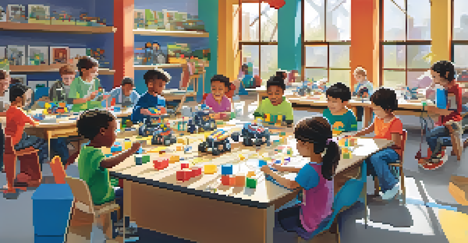 Children collaborating in a robotics workshop, building small robots with colorful materials in a bright library space.