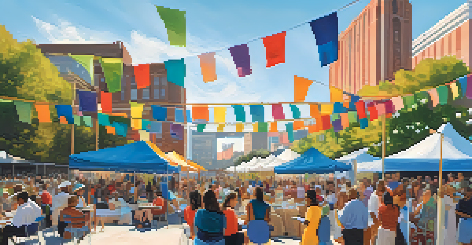 A vibrant literary festival in Atlanta with booths and authors discussing books under a blue sky.