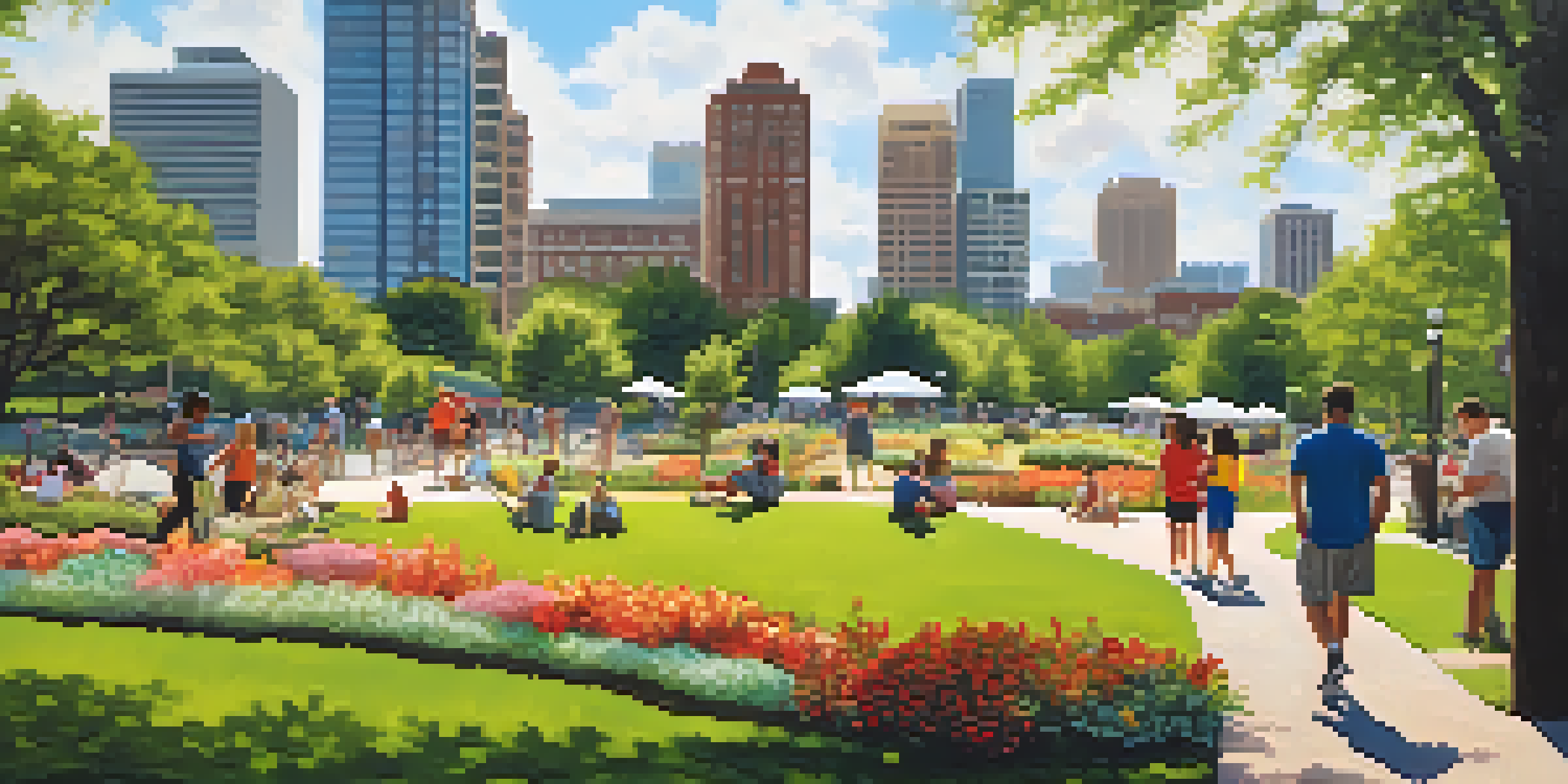 A lively urban park in Atlanta with people enjoying the outdoors, surrounded by greenery and modern buildings in the background.