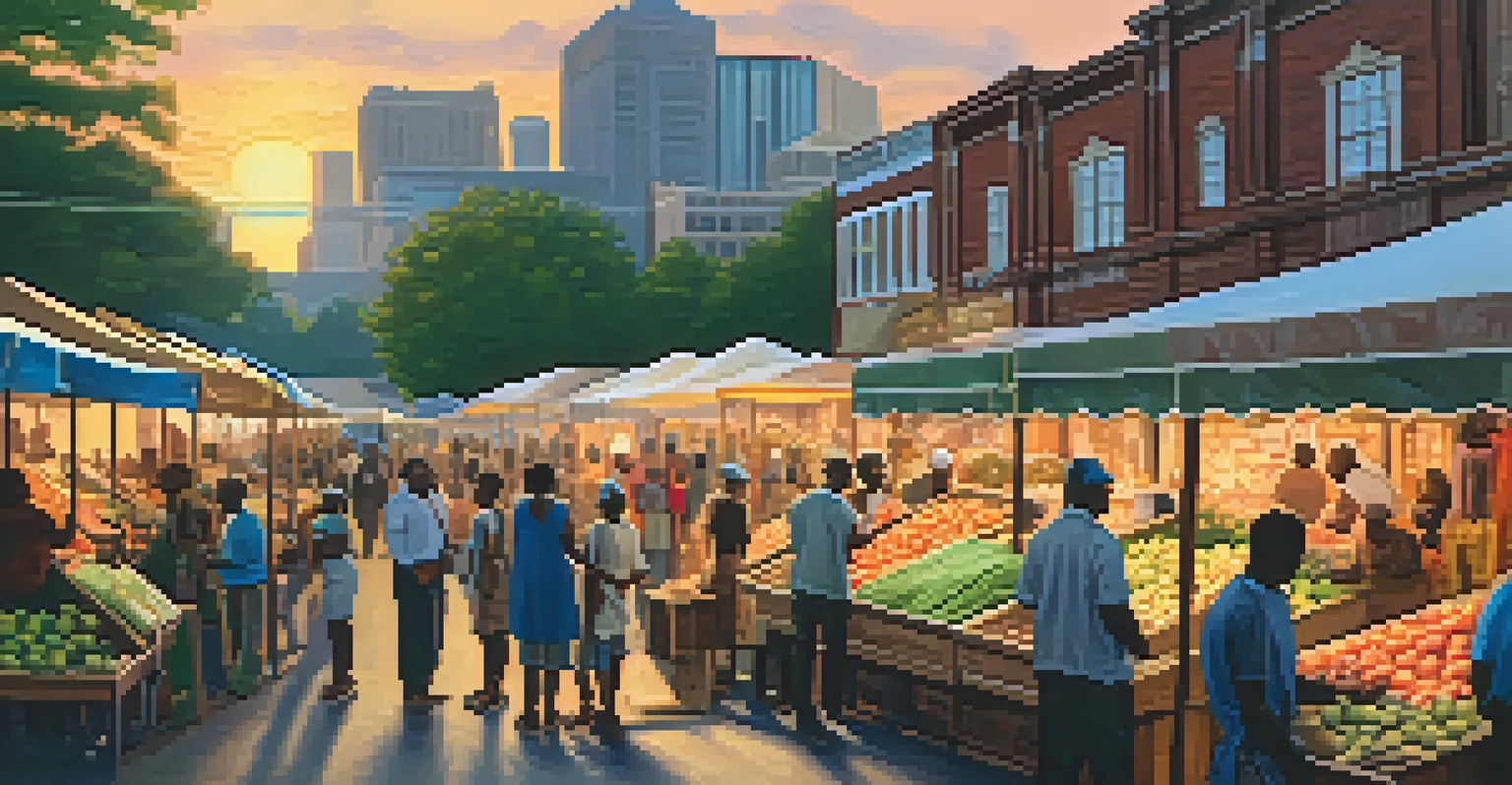 A vibrant marketplace in Reconstruction Era Atlanta, full of activity and community spirit, with stalls and people interacting.