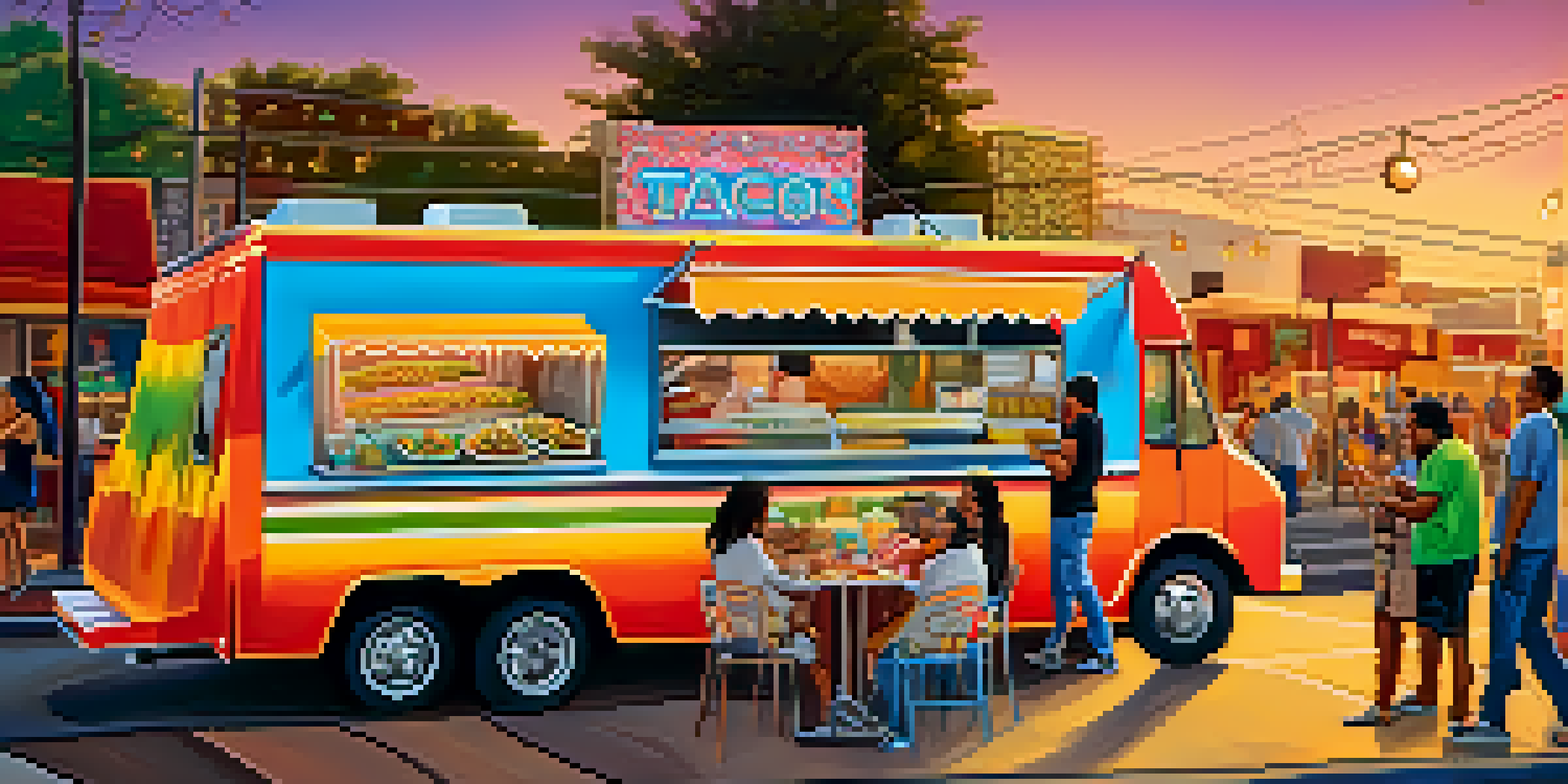 A colorful food truck in Atlanta serving authentic Mexican tacos, with people enjoying their meals in a lively atmosphere.