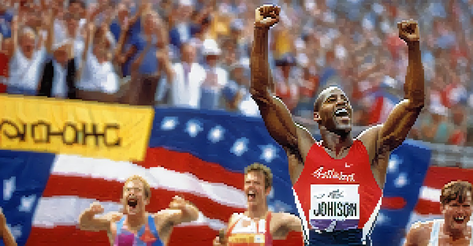 Michael Johnson celebrating his gold medal win at the 1996 Atlanta Olympics, with a jubilant crowd in the background.