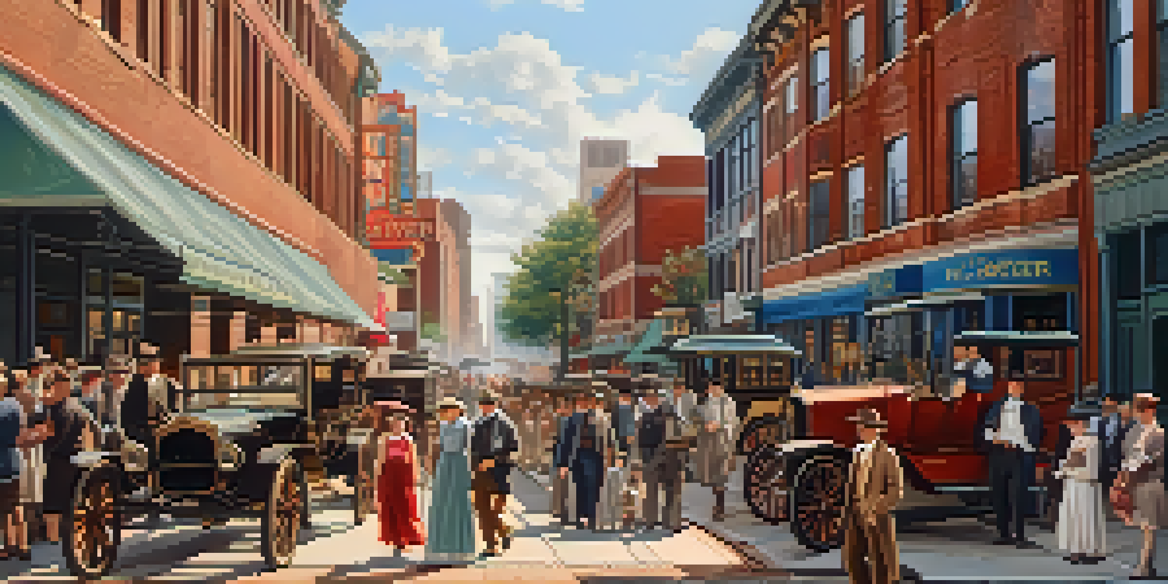 A historical street scene of early 20th century Atlanta with shops and people in period clothing, under warm sunlight.