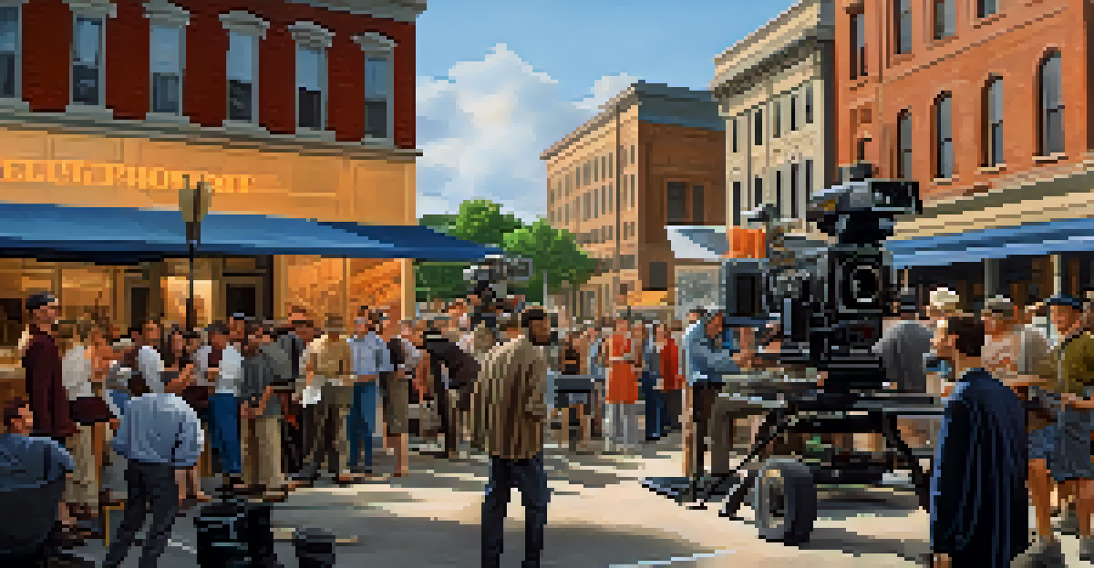 Film crew working on location in Atlanta with historical buildings in the background.