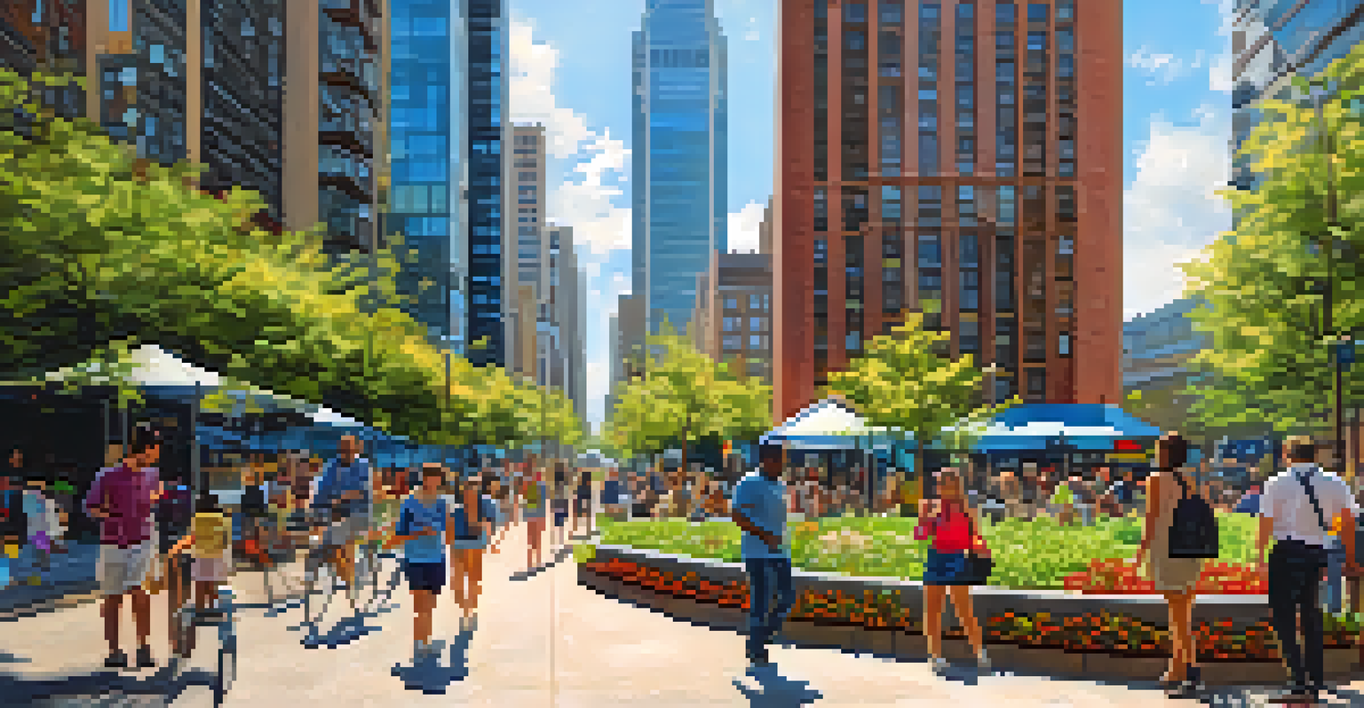 A vibrant street scene in Midtown Atlanta with community spaces, people in a park, and modern skyscrapers in the background.