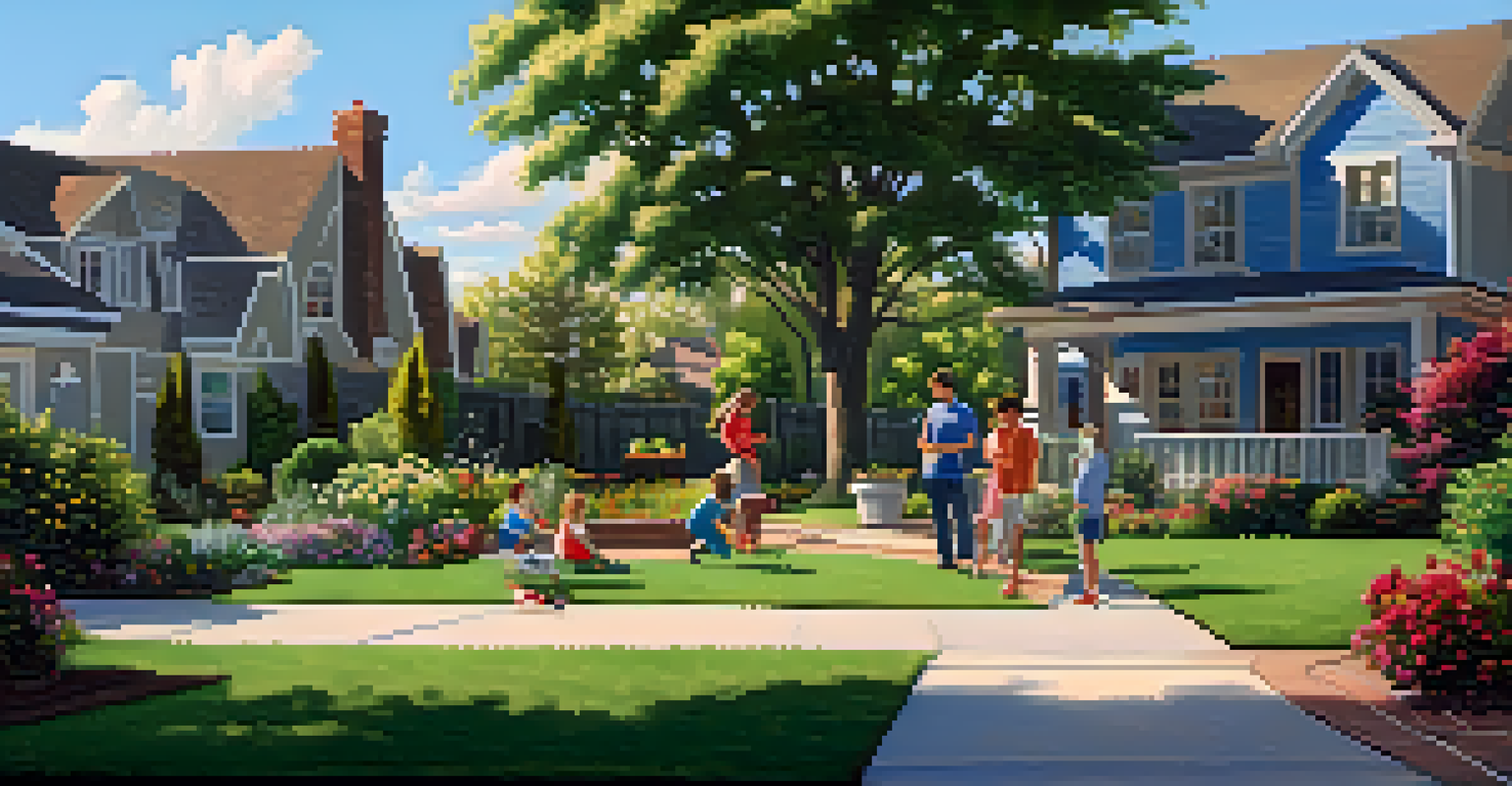 A suburban backyard with children playing and a parent working on a laptop, surrounded by flowers and greenery.