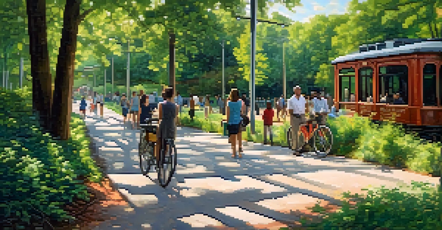 A peaceful park along the Atlanta BeltLine, showing people enjoying the outdoors with historical railroad artifacts.