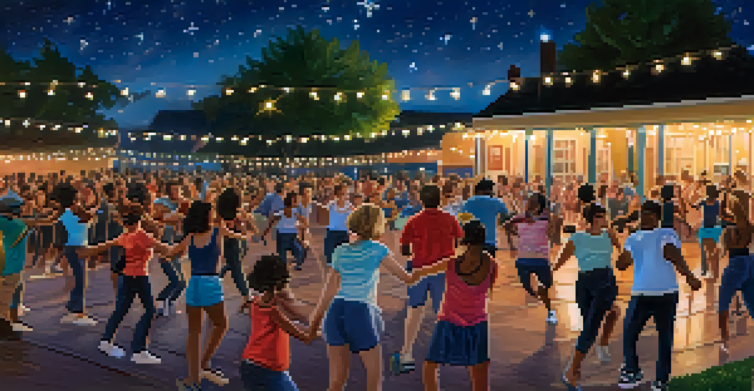 A group of people dancing in a park at night under twinkling stars and string lights.