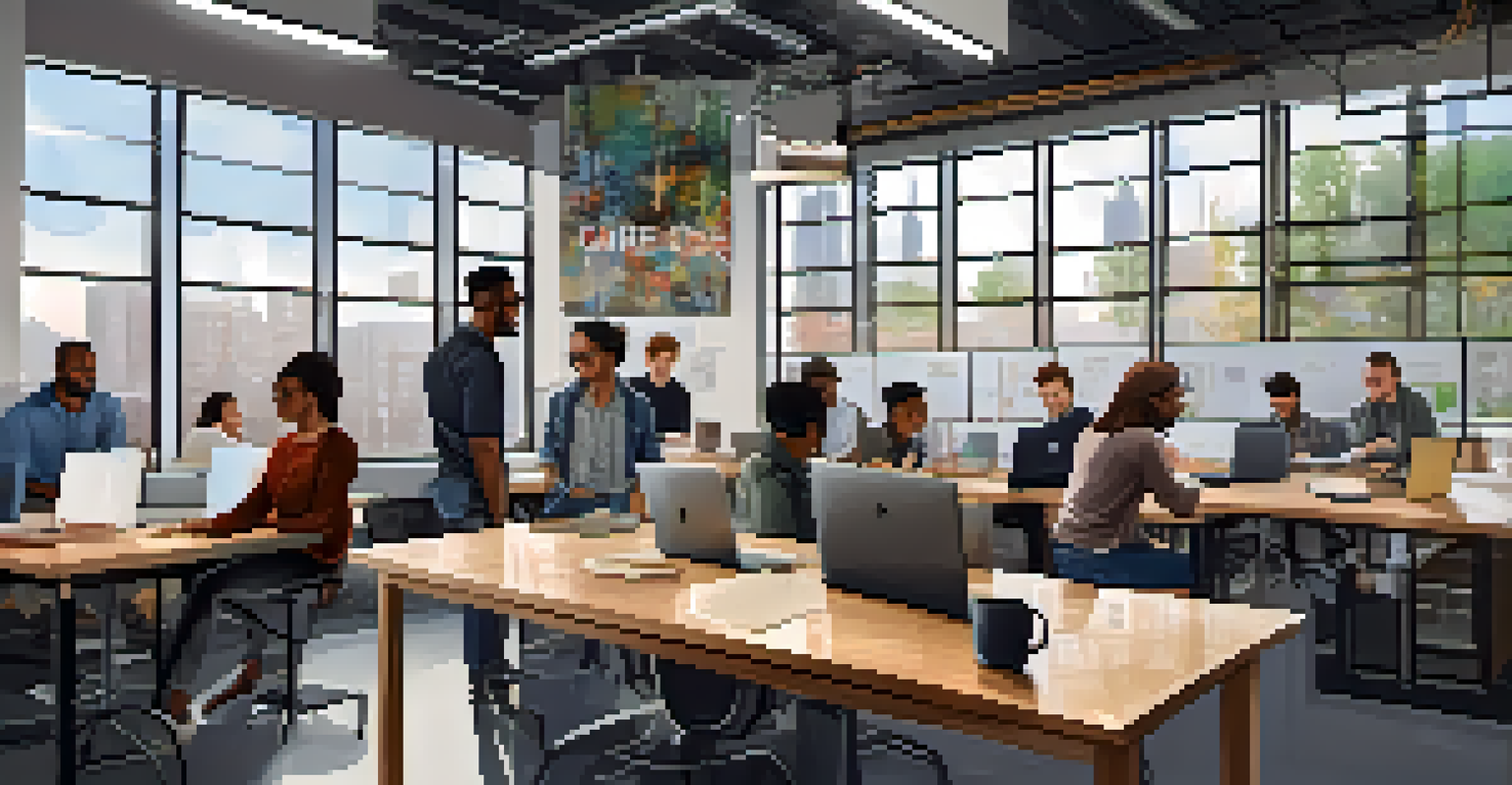 A diverse group of young professionals collaborating in a modern tech startup workspace, filled with natural light and creative decor.