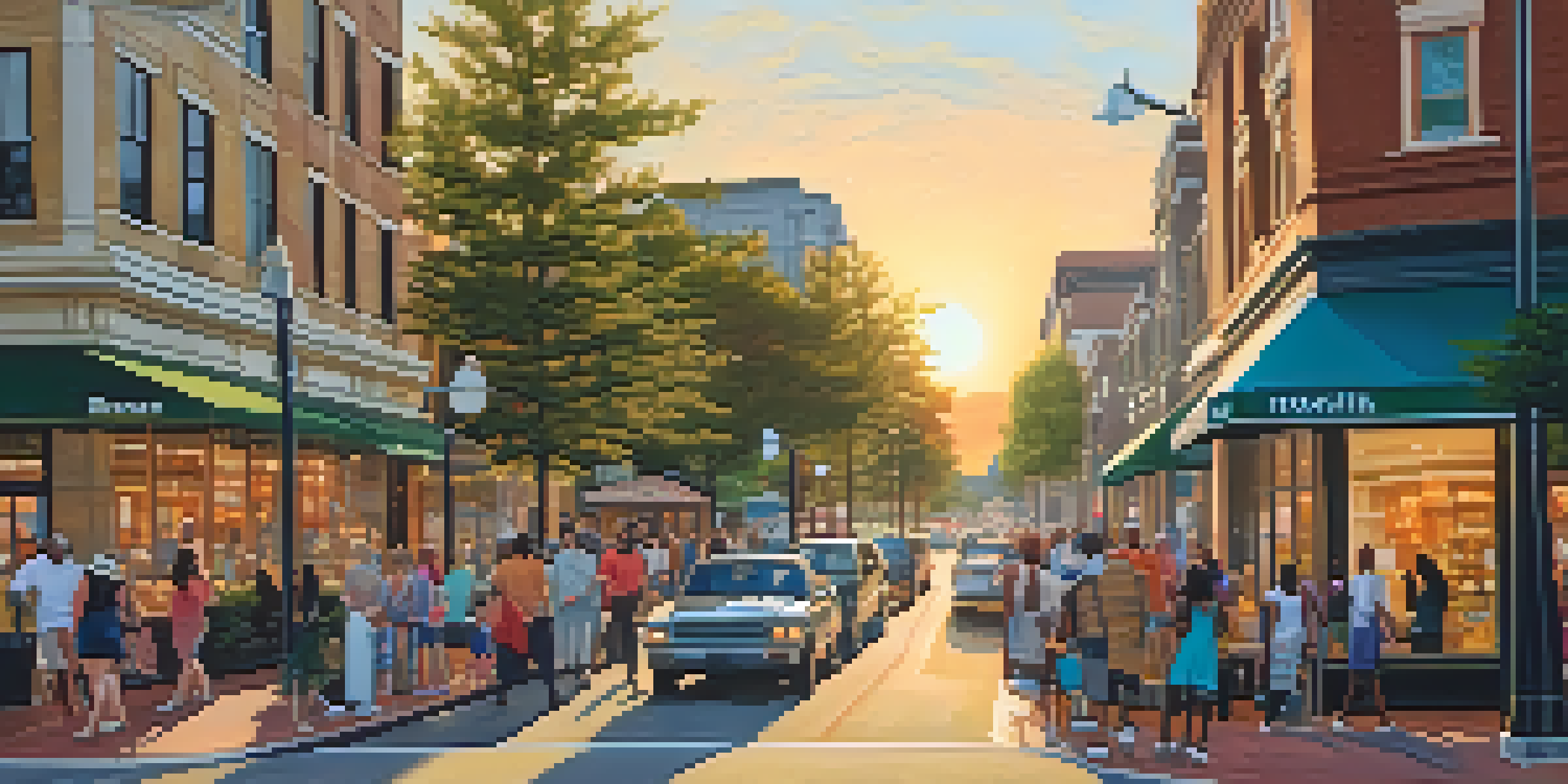 A lively Atlanta street filled with shoppers, cafes, and a mix of retail shops, illuminated by a warm sunset.