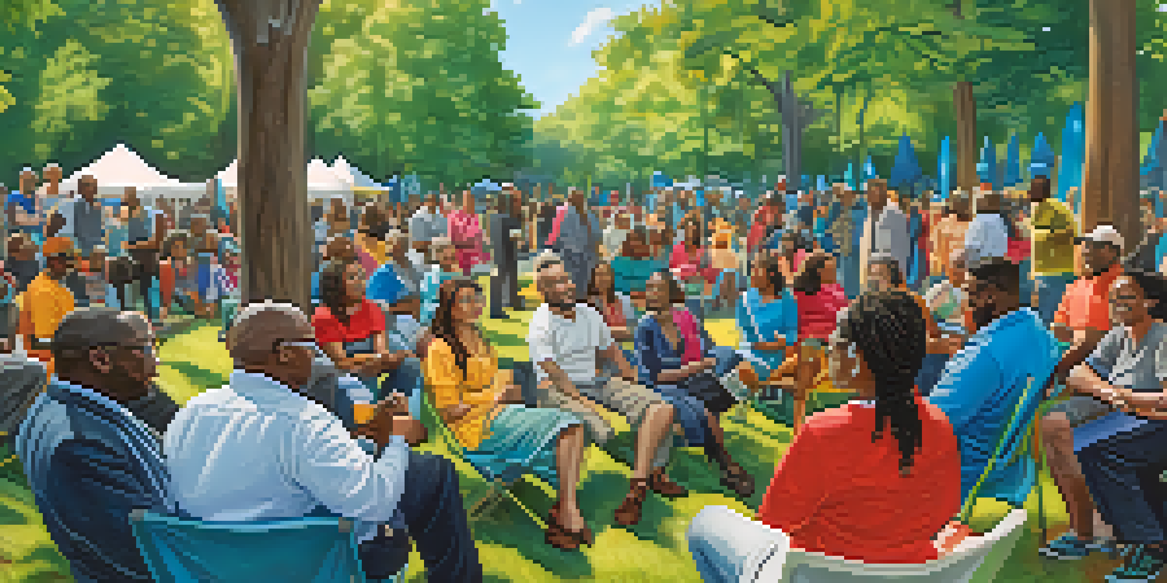 A diverse group of people participating in a community resilience workshop in an Atlanta park, surrounded by greenery and colorful banners.