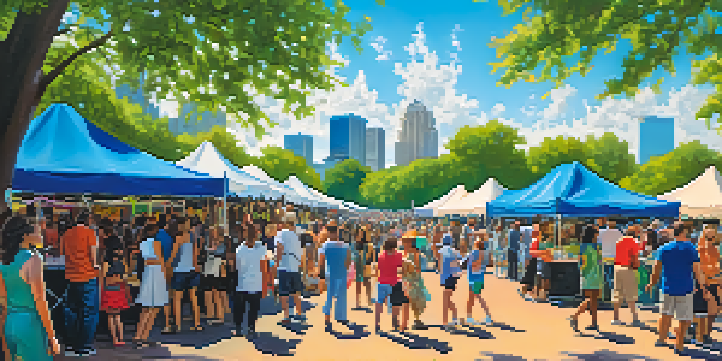 A lively music festival in Piedmont Park with diverse attendees enjoying food and entertainment under a bright blue sky.
