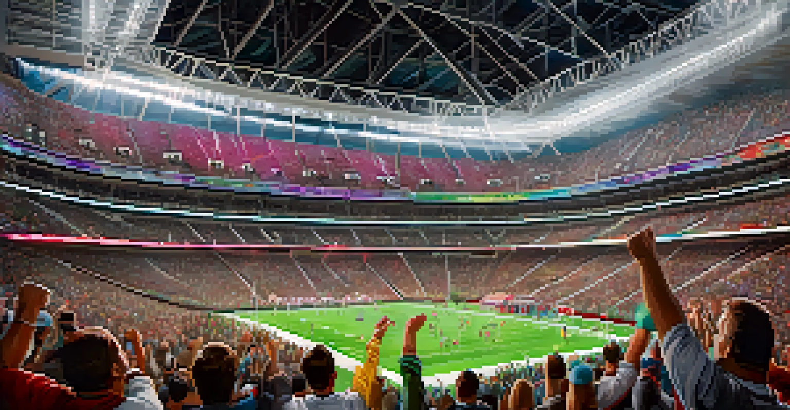 A crowded stadium filled with cheering fans during a football game, showcasing a lively atmosphere and bright lights.