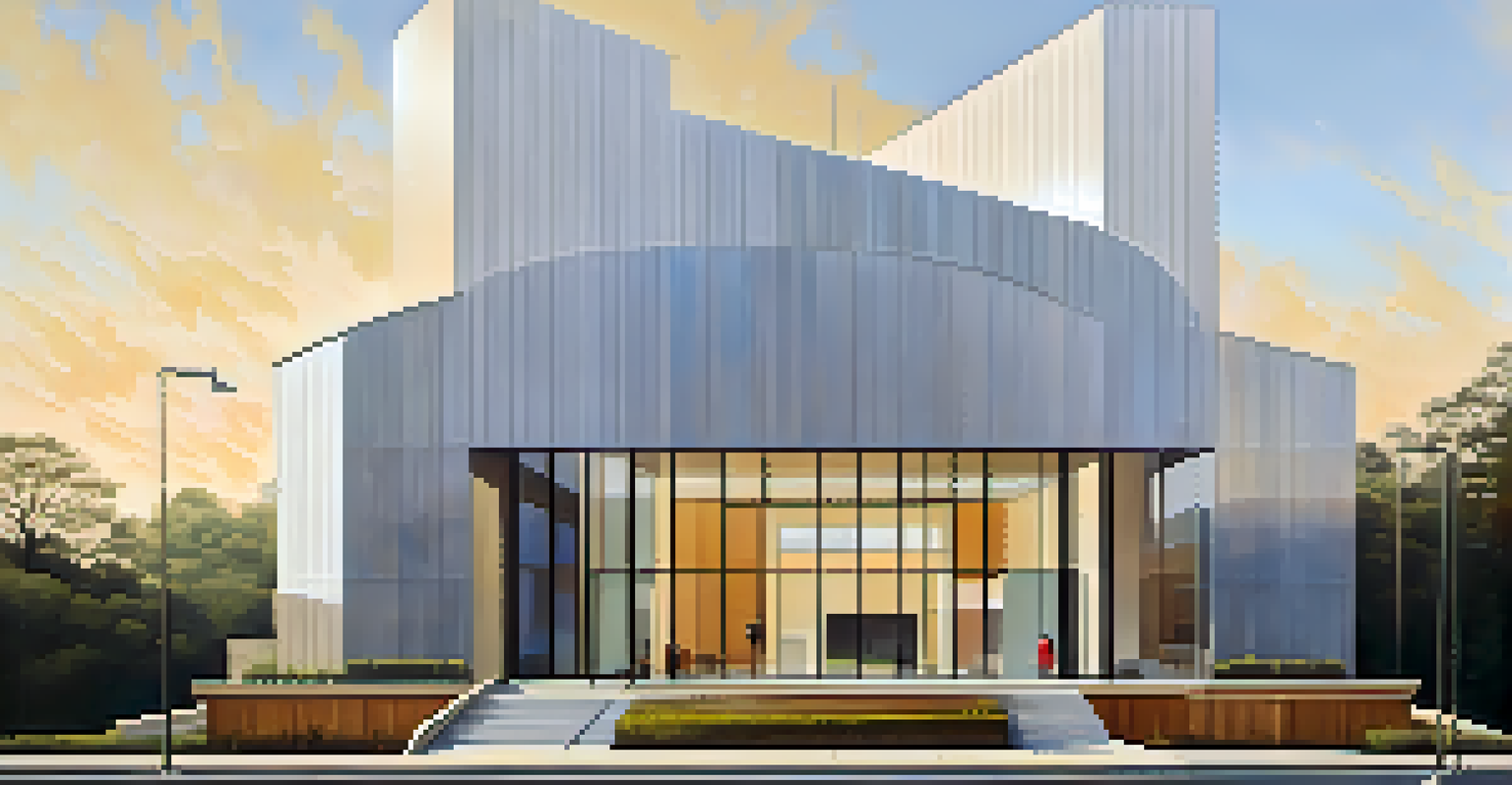 A modernist church with large glass windows and a minimalist design, surrounded by an urban landscape filled with greenery.