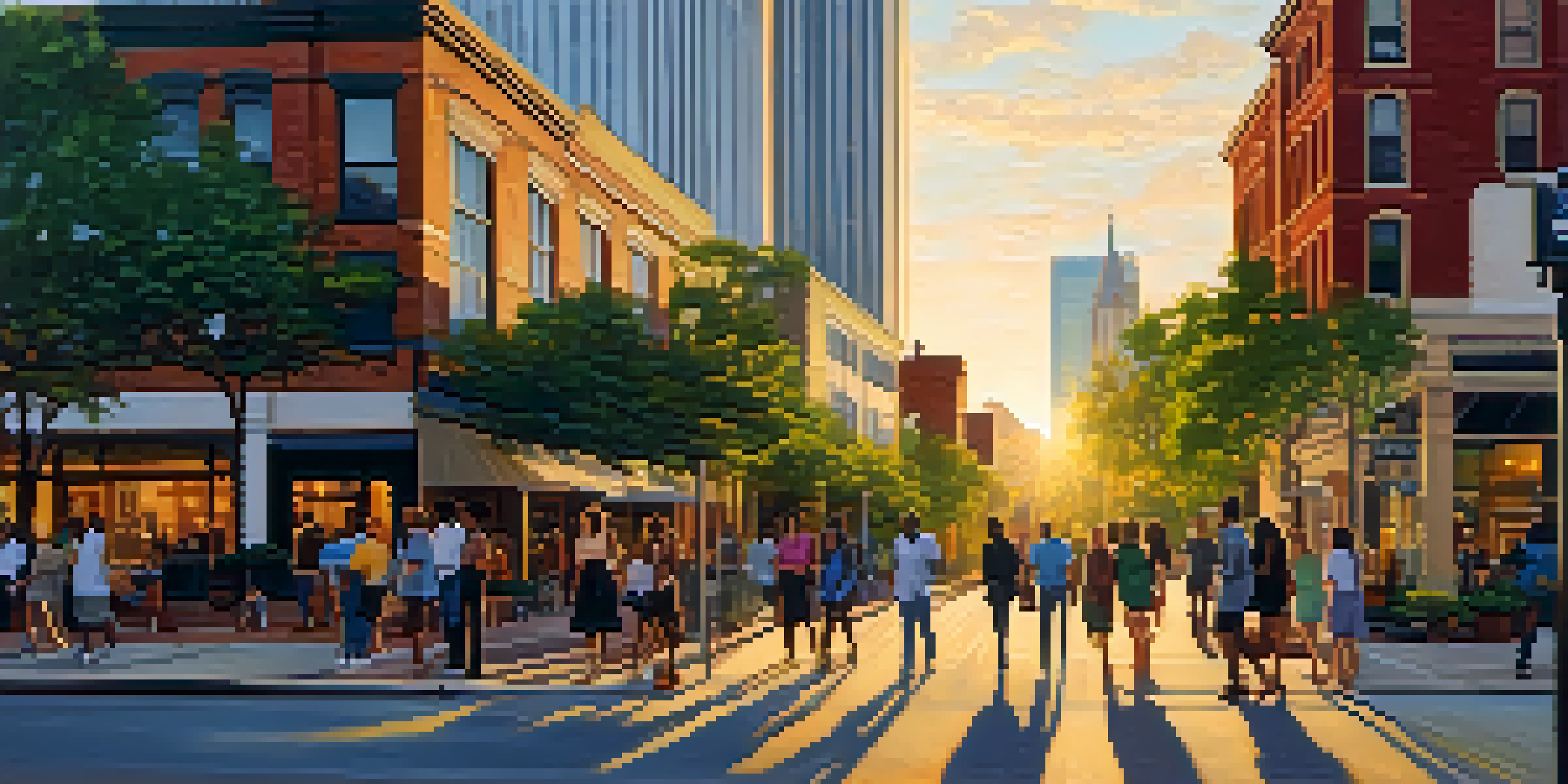 A busy street in Atlanta at sunset, featuring a diverse crowd of people and colorful storefronts, with the skyline in the background.